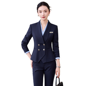 Navy Blue Women's Suit Set Long Sleeve Autumn Office Lady Anti-Wrinkle Polyester Fabric - Product Image 5