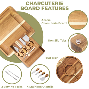 Tabla de Quesos Cuadrada de Lujo de Madera de Acacia con Cuchillos de Acero Inoxidable y Pizarra - Product Image 3
