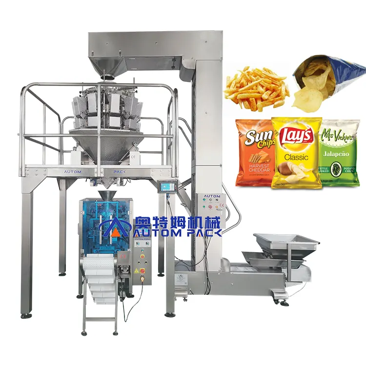 Autompack 10/14 Multihead Automatische Weegbree Chips Verpakkingsmachine Verticale Chip Vffs Verpakkingsmachine Voor Bananenchips