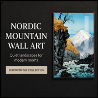 Art mural Paysage Montagneux Scandinave en Aluminium – Impression de Sommet Enneigé et Rivière pour Salons, Bureaux, Hôtels et Cabanes de Style Nordique