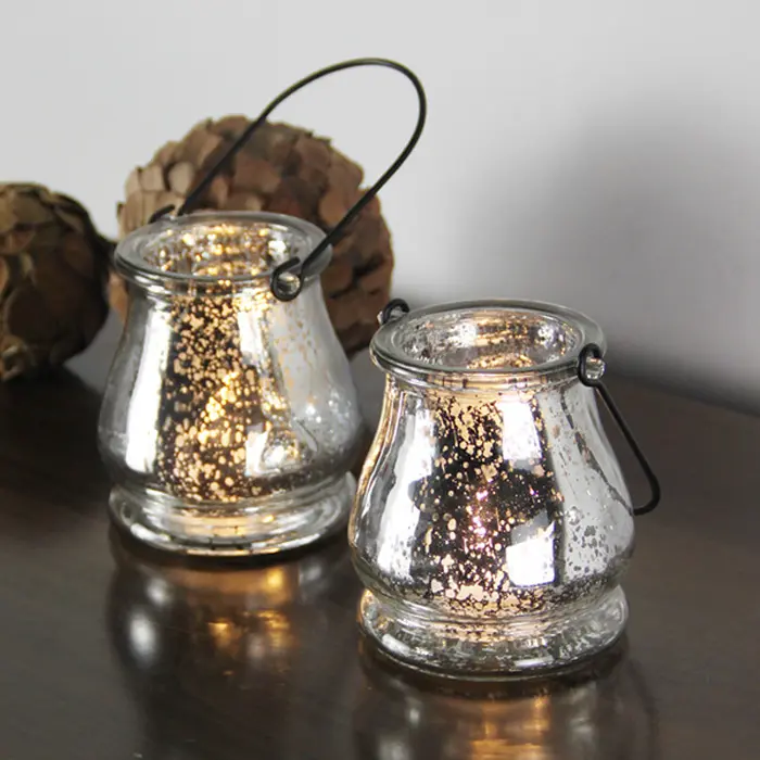 Maniglia appeso buon design color argento lanterna di vetro supporto di candela votiva mercurio per la casa di nozze decorazione del partito