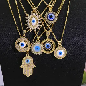 Новинка 2023, шикарное позолоченное синее турецкое ожерелье NZ1429 с кулоном в виде глазного яблока, покрытое фианитом 18 карат, защитное ожерелье на удачу