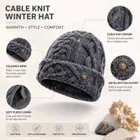 Bonnet en tricot torsadé texturé avec boutons dorés de luxe – Chapeau d'hiver élégant et chaud en laine coupe-vent pour les sorties en automne et en hiver