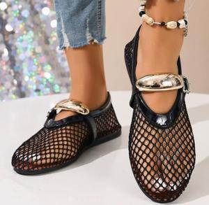 Women's Summer Flat Ballet <b>Shoes</b> with Fish Mesh Design Slip-On Closure Fashionable Buckle <b>Soft</b> Doll Feature Rubber Insole - Product Image 1