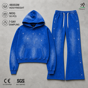 Conjunto de Sudadera con Capucha Azul Extra Grande RAMAX, 480GSM, Algodón French Terry, Estampado de Diamantes de Imitación, Unisex, Ropa Casual de Otoño - Product Image 1