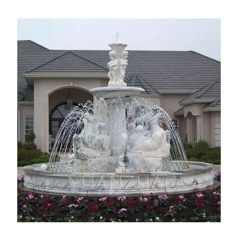 Outdoor Garden Decoration Natural Stone Water Fountain Large Tired White Marble Stone Cherub Horses Water Fountain Prices