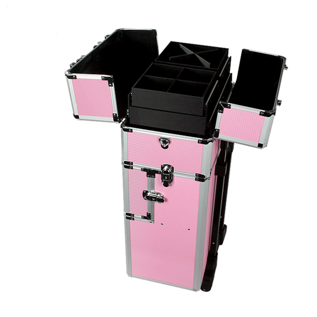 Professional Travel Makeup Train Case Rolling Pink 4 in 1 Large Makeup Cosmetic Case on Wheels Makeup Organizer Storage Case