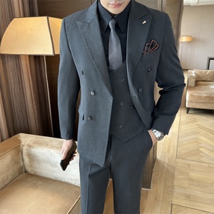 <span class=keywords><strong>Traje</strong></span> de hombre vintage marrón café de doble botonadura, conjunto de 3 piezas para negocios, corte británico ajustado, talla grande, blazer formal para novio de boda - Product Image 5