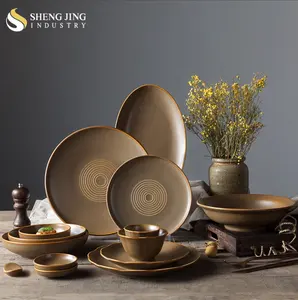 Modern Coklat Glaze Emas Rim Matte Juego Vajillas De Porcelana Keramik Peralatan Makan Penuh Set untuk Hotel Restoran