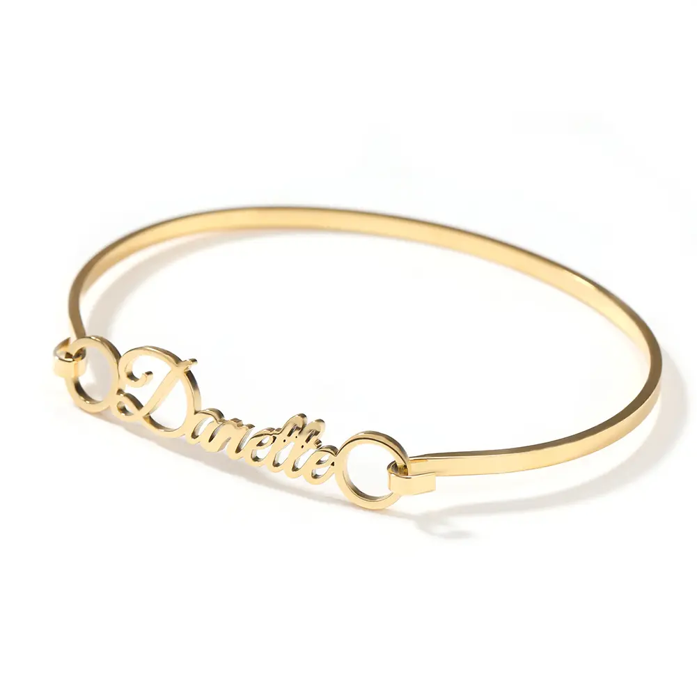 Fashionable stainless steel bracelet for women cut with loop, English letters, gold bracelet