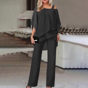 Top e pantaloni da <span class=keywords><strong>donna</strong></span> Chic senza colletto in stile Vintage tinta in Chiffon primavera estate autunno <span class=keywords><strong>collezione</strong></span> di abiti da festa - Product Image 3