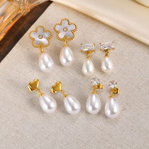 18K PVD Gold Stainless Steel Clover Teardrop Pearl Jewelry <b>Set</b> <b>Bangle</b> Bracelet Dangle Earrings | Waterproof Hypoallergenic - Product Image 5