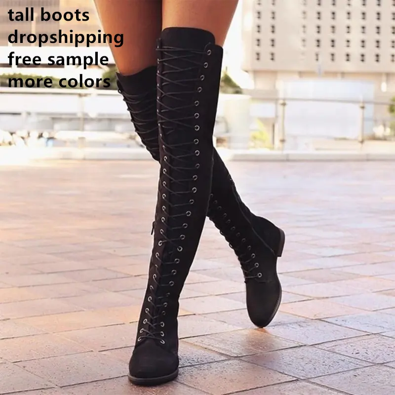 2022 Dropshipping fashion Hot Selling Cowinner Women Over The Knee Low Heel Lace Up Tall Boots shoes