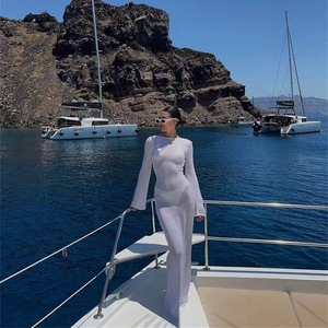 2025 moda verano Mujer cuello redondo playa protección solar manga larga vestido sin espalda - Product Image 6