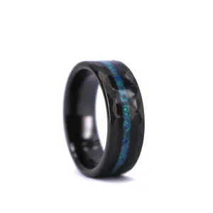 Black Hammered Tungsten Rings Inlaid With Crushed Blue Opal Wedding Engagement Band For Men