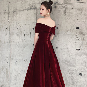<b>Wine</b> Red Off Shoulder <b>Velvet</b> Evening <b>Dress</b> A Line Empire Waistline For Wedding Engagement - Product Image 3