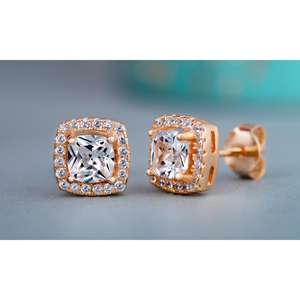 Boucles d'oreilles carrées en or rose, zircon taille princesse, serti clos, bijoux de mode pour femmes E266 - Product Image 4