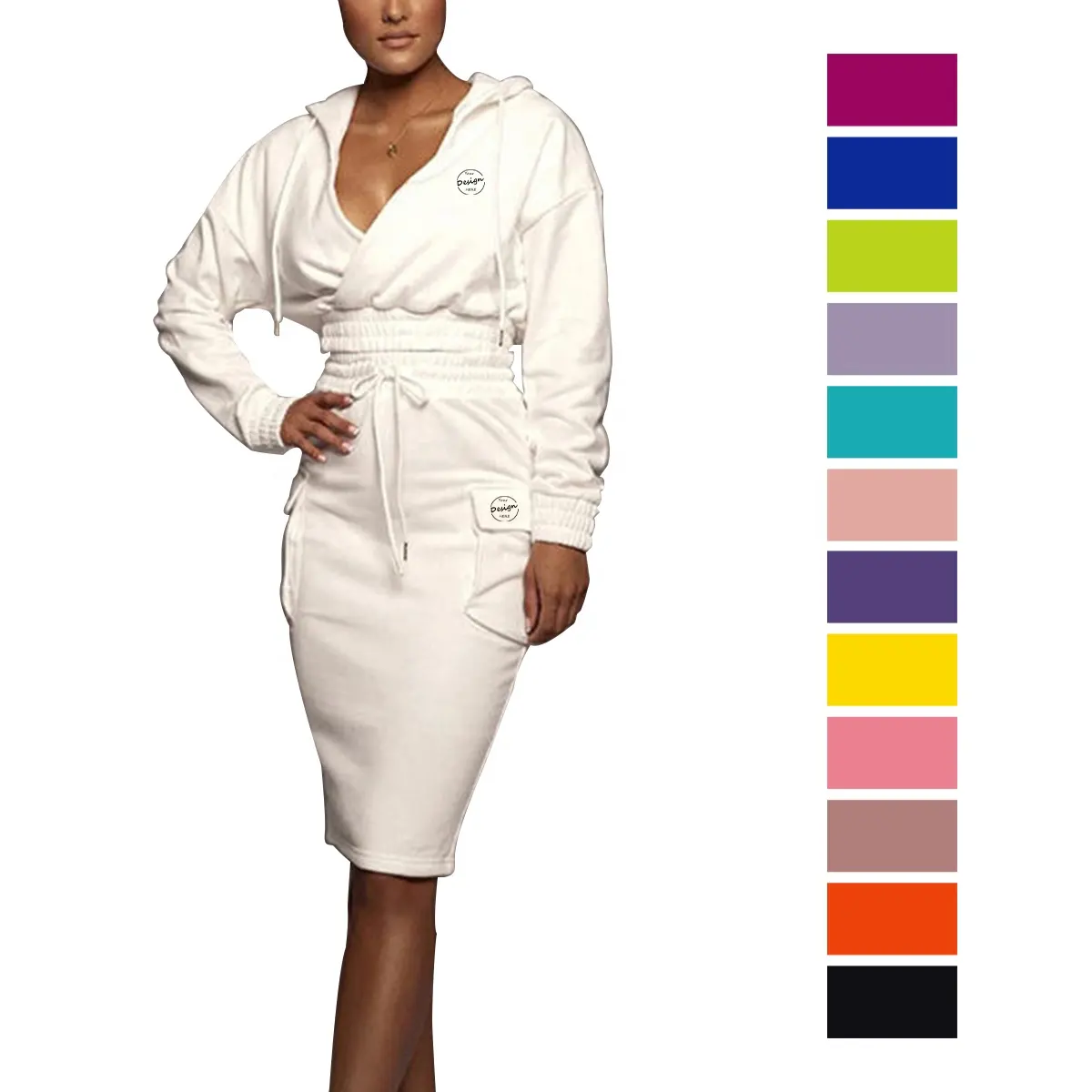 Großhandel Hip-Wrapped Bodycon Rock 2-teilige Outfits V-Ausschnitt Kapuze Elastic Crop Tops Slim Fit Rock Set Sweat suit Kleider Anzüge