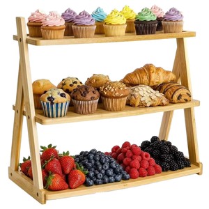 Estante de madera de tres niveles para exhibir postres y frutas en la cocina - Product Image 5