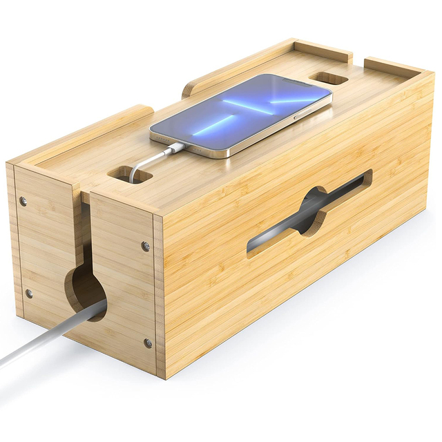 Power Strips for Desktop Storage Cord Holder Bamboo Cable Box