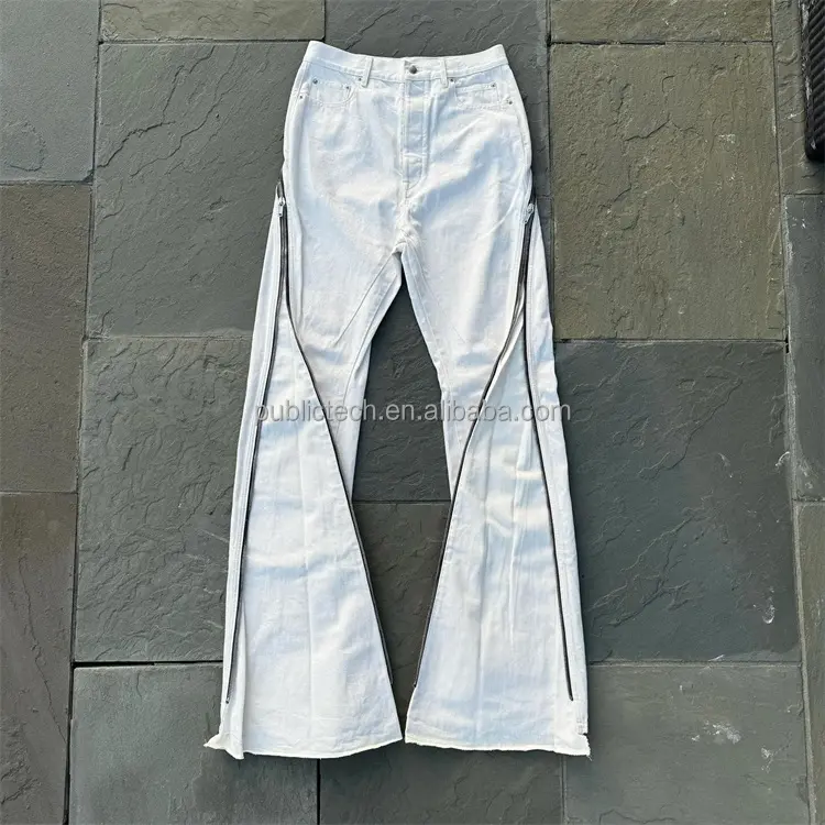Streetwear Custom Heren Beige Skinny Gestapelde Rits Open Bodem Flare Denim Jeans Broek Wijd Uitlopende Jeans Voor Heren
