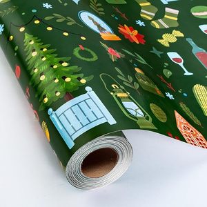 กระดาษห่อของขวัญคริสต์มาสเคลือบอลูมิเนียมสีเขียว ลายถุงเท้าการ์ตูนและต้นคริสต์มาส ปรับแต่งได้ - Product Image 1