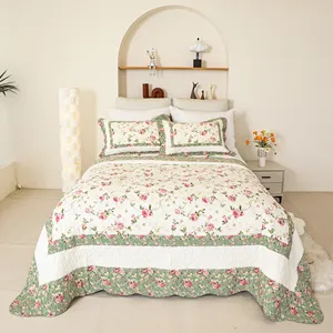 3 Pieces Luxury Vintage Soft Farmhouse Floral Embroidery Bedding Coverlet Light Weight Reversible Quilt Spread