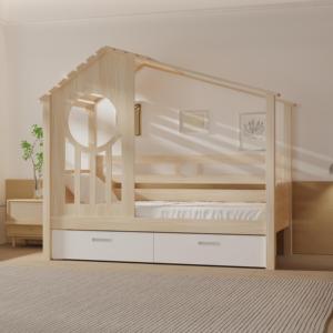 Lit enfant en bois massif sur le thème d'une maison dans les arbres avec de grands tiroirs de rangement, meubles ludiques et amusants pour la chambre d'enfant, garçon ou fille - Product Image 2