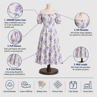 Robe florale pour femmes, grande taille, en coton et lin, imprimée, coupe trapèze, épaules dénudées, manches bouffantes, longueur midi, pour l'été, avec logo personnalisé OEM