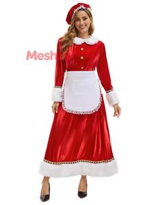 Costume de Père Noël pour femme adulte, ensemble de tenue de femme de ménage de Noël en polyester, costume de fête avec tablier et accessoires - Product Image 5