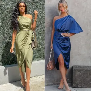 One Shoulder Silk Bridesmaid Dresses Satin Batwing Sleeve Wedding Gown Ruched Split Formal Clothes Party Dress