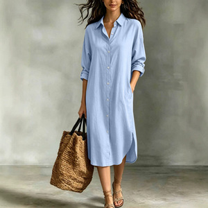 Abito Casual da Donna per Vacanze, Tinta Unita con Colletto a Risvolto, Chiusura Monopetto e Tasche, per Uso Quotidiano e Pendolarismo, Moda Femminile - Product Image 2