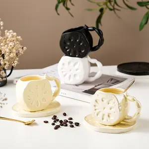 OEM nuevo creativo 3D Lotus lindo tazas de café de cerámica logotipo personalizado de lujo taza de café leche taza de porcelana con platillos