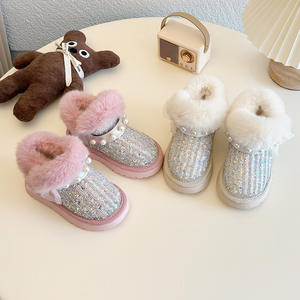 Roze Witte Kindermode Winter Sneeuw Harige Parel Strass Prinsestone Laarzen Meisjes Fleece Gevoerde Warme Laarzen - Product Image 4