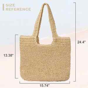 Sac fourre-tout décontracté d'été rétro pour la plage, sac à bandoulière en rotin tressé à la main pour femme avec fermeture éclair, sac à main vintage style raphia - Product Image 2