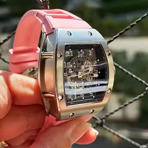 Montre mécanique automatique squelette tonneau pour <span class=keywords><strong>homme</strong></span>, bracelet en silicone rose, montre-bracelet de sport de luxe, montre étanche en gros - Product Image 2