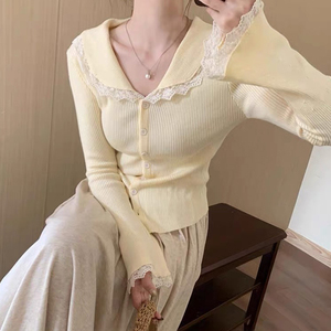 Cárdigan de Punto con Cuello Nuevo, Manga Larga y Parches de Encaje para Mujer, Otoño e Invierno - Product Image 5