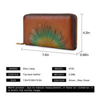 Dompet Pendek Unisex Kulit Asli Retro Flowers dengan Ritsleting, Lapisan Poliester, Gaya Bohemian