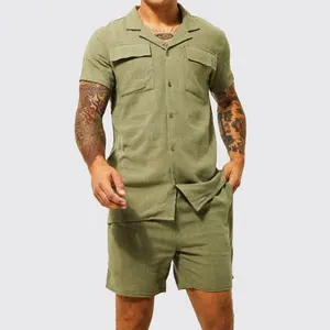 Conjunto de traje de lino para hombre de alta calidad con logotipo personalizado de verano 2024, conjunto de 2 piezas de lino y camisa corta de algodón de dos piezas
