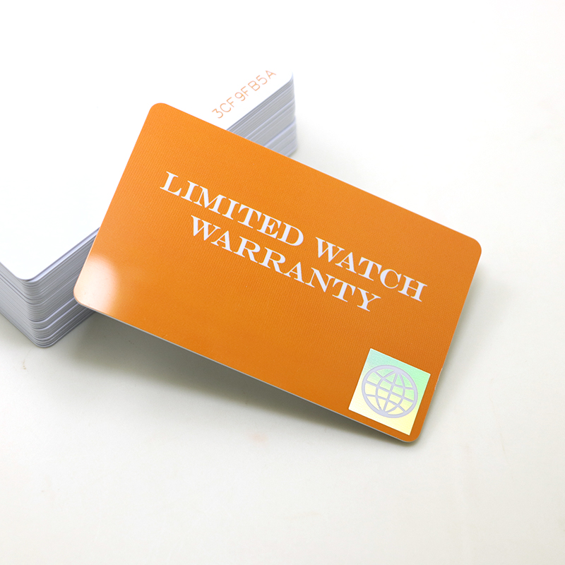 Glossy Plastic Printing Customized PVC Warranty Card With Hot Laser Stamp Label