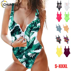 Women's Sexy Printing Solid Zipper Solid High Waisted Curvy Full Coverage Romper Swimwear One piece Swimsuit Bikini