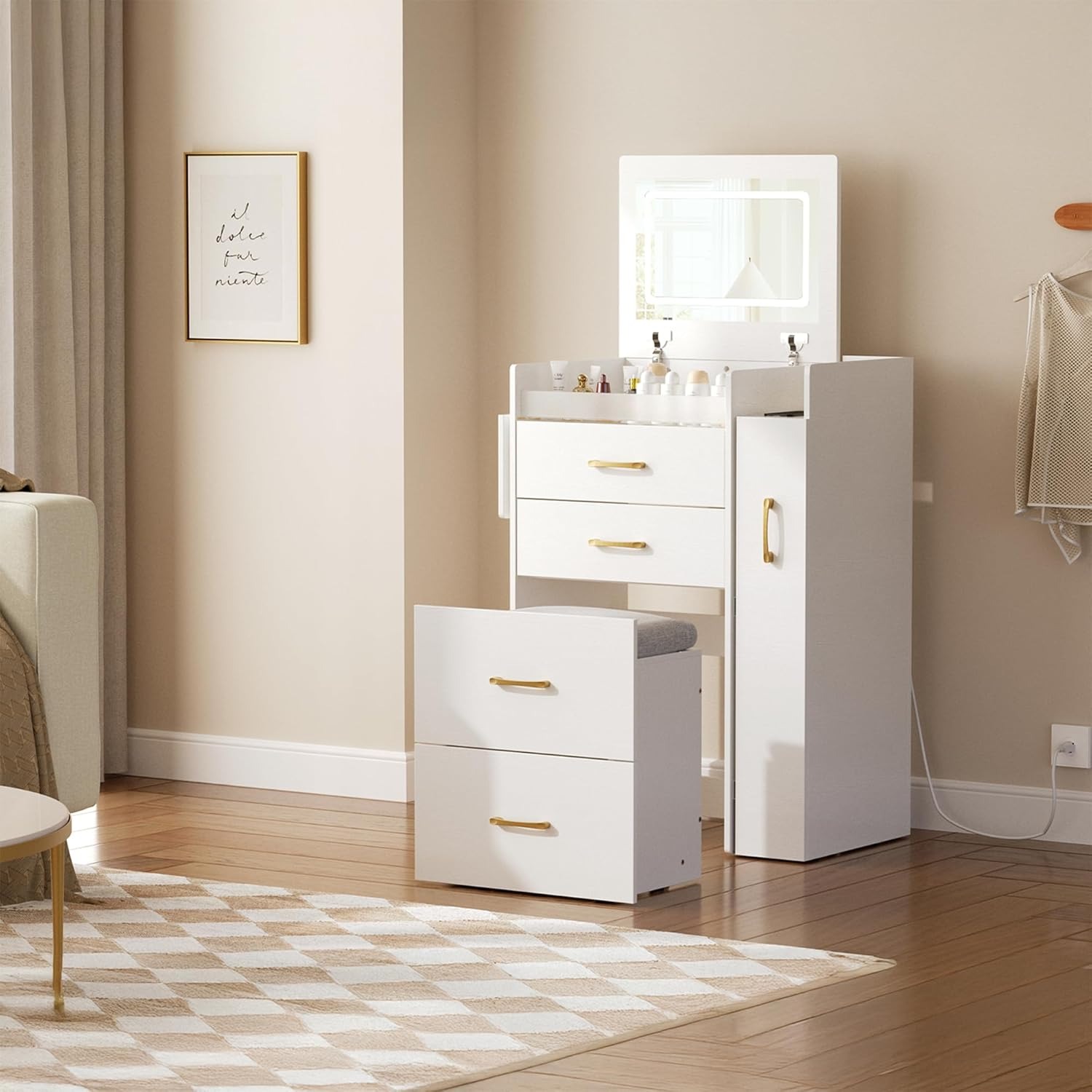 YILQQPER 50-Inch Vanity Desk With 5 Fabric Drawers & Charging Station - No Mirror, White & Gold