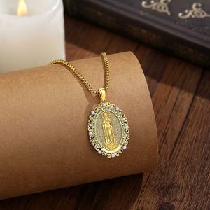 Collier pendentif Vierge <span class=keywords><strong>Marie</strong></span> en cuivre plaqué or 24 carats avec CZ blanc et émail noir, prière française, vente en gros, bijoux religieux catholiques - Product Image 3