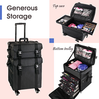 Valise de maquillage professionnelle noire à roulettes avec compartiment supérieur amovible 2 en 1, en nylon, avec roulettes