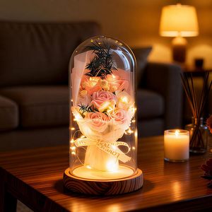 Lampe à sangle en forme de rose, fleur éternelle lumineuse, bouquet de savon parfumé sous cloche en verre, ornement pour la fête des Mères et la Saint-Valentin - Product Image 1