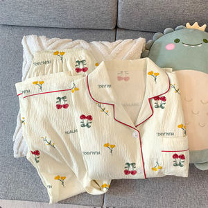 Sweet Cherry Print Langarm Langhose Bequeme Frauen Milch Seide Revers Bequeme Homewear Pyjamas - Product Image 2