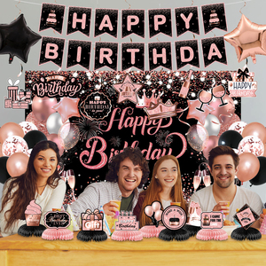 Ensemble de fournitures pour fête d'<span class=keywords><strong>anniversaire</strong></span> tendance noir et rose, décorations de ballons or rose pour les événements de filles et d'adultes - Product Image 2