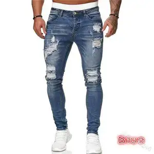 Pabrik Grosir Model Baru Manufaktur Celana Jeans Biru Kualitas Tinggi Jins Ketat Sobek Pria
