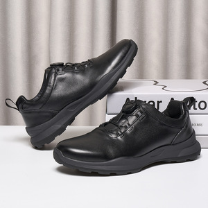 Chaussures de marche pour hommes en cuir de vache véritable, bout rond, lacets, semelle extérieure en caoutchouc, légères, couleur unie, décontractées - Product Image 1