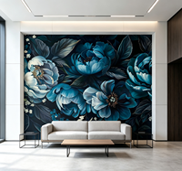 Papier peint mural à fleurs de pivoine bleu sarcelle sur fond foncé pour salle à manger, salon de beauté et salon